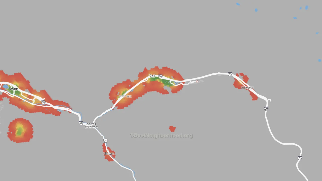 Walk Grade map of Vail, CO, walkable areas in green and car-dependent areas in red