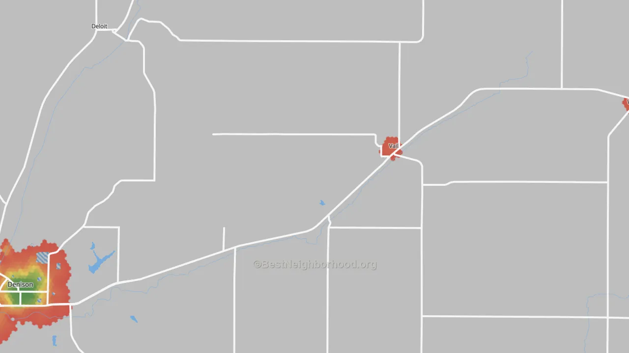 Walk Grade map of Vail, IA, walkable areas in green and car-dependent areas in red
