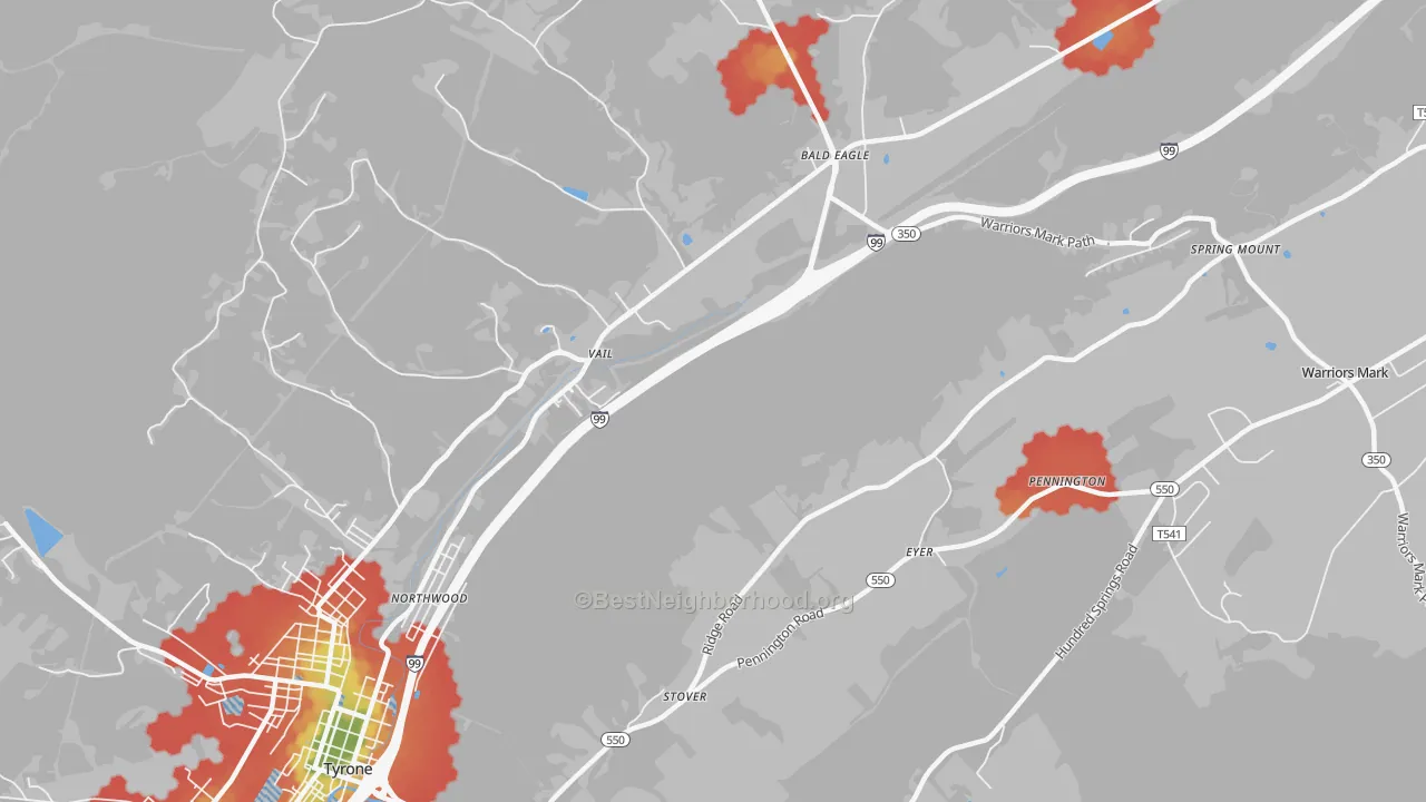 Walk Grade map of Vail, PA, walkable areas in green and car-dependent areas in red