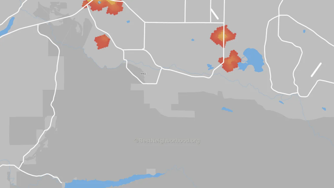 Walk Grade map of Vail, WA, walkable areas in green and car-dependent areas in red
