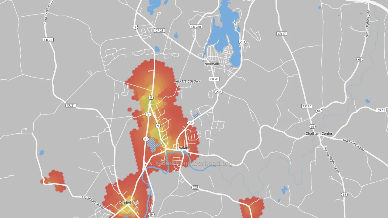 Walk Grade map of Valatie, NY, walkable areas in green and car-dependent areas in red