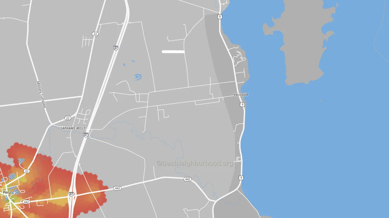 Walk Grade map of Valcour, NY, walkable areas in green and car-dependent areas in red