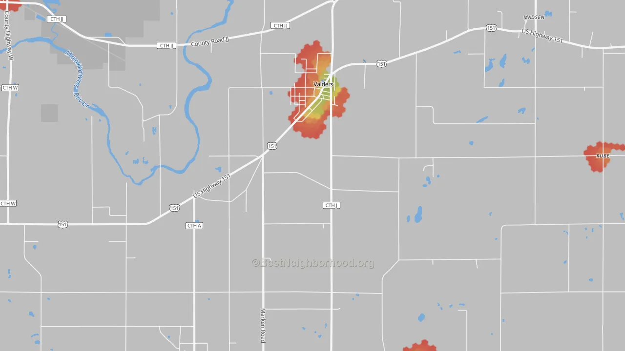 Walk Grade map of Valders, WI, walkable areas in green and car-dependent areas in red