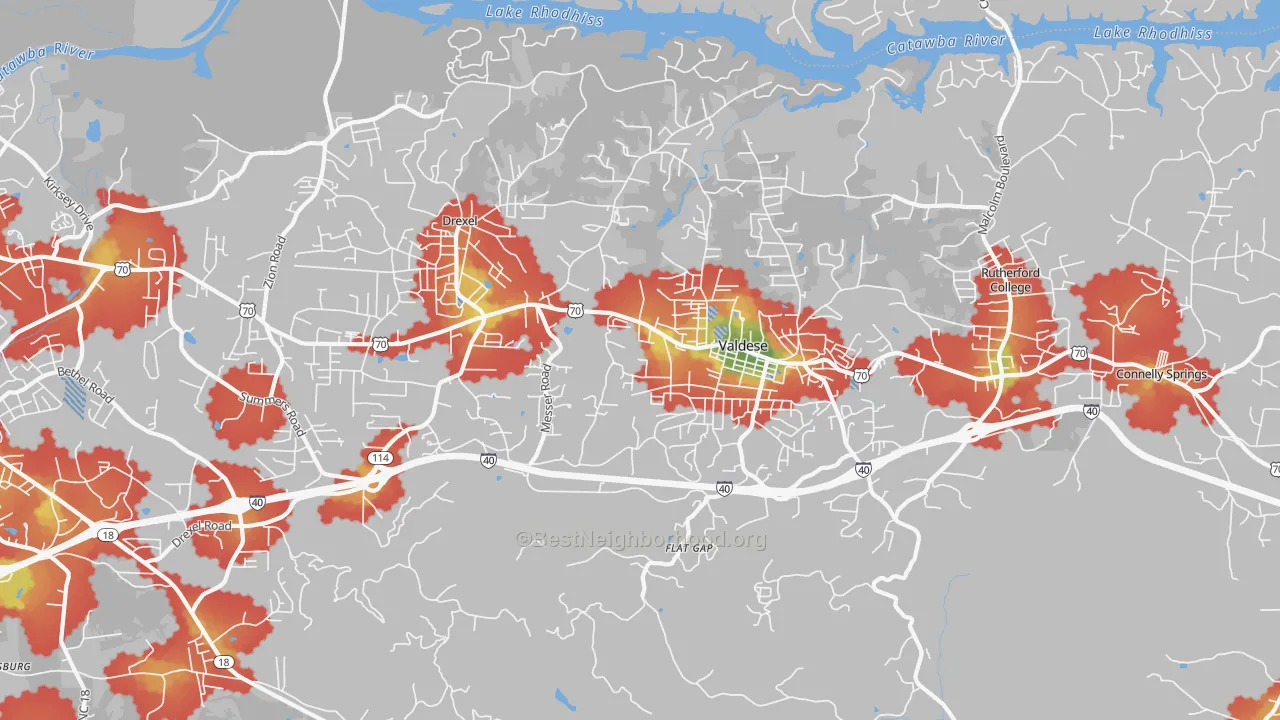 Walk Grade map of Valdese, NC, walkable areas in green and car-dependent areas in red