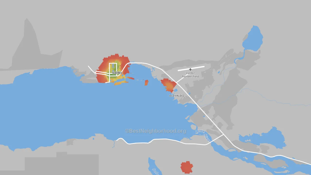 Walk Grade map of Valdez, AK, walkable areas in green and car-dependent areas in red