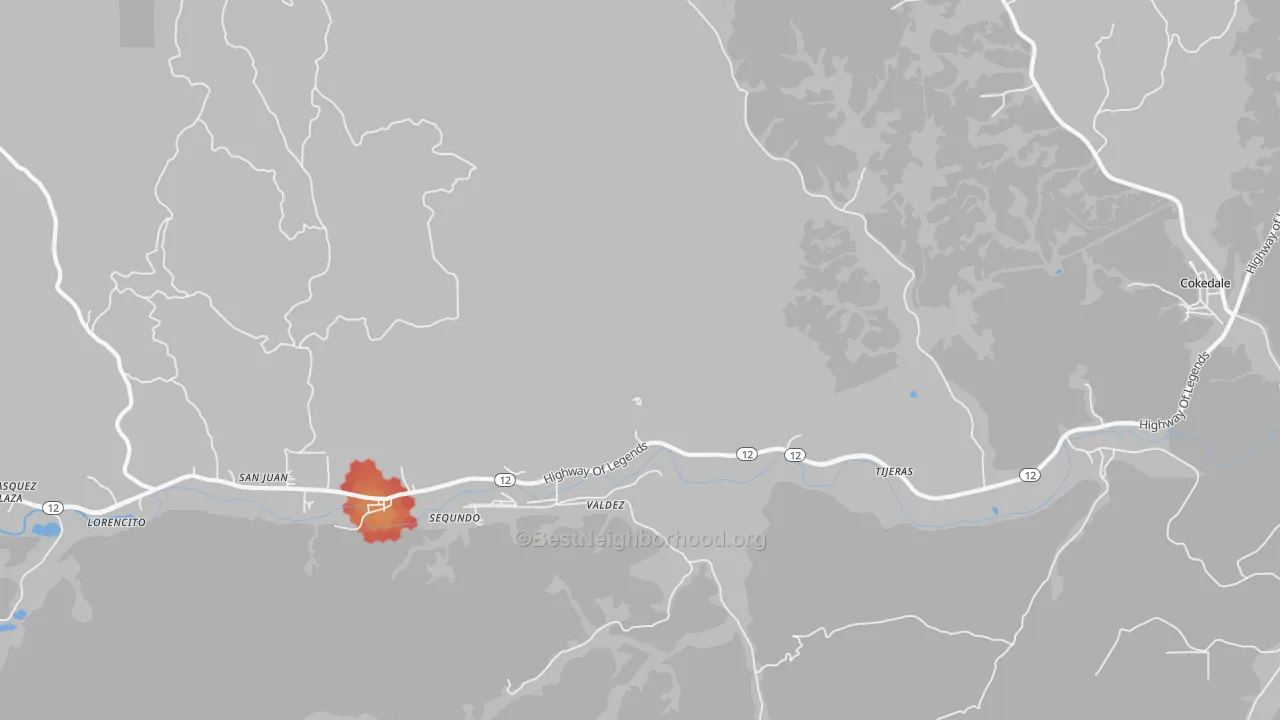 Walk Grade map of Valdez, CO, walkable areas in green and car-dependent areas in red