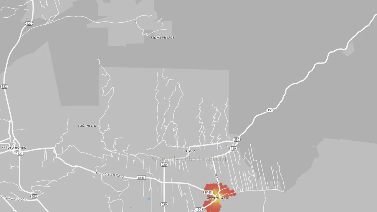 Walk Grade map of Valdez, NM, walkable areas in green and car-dependent areas in red