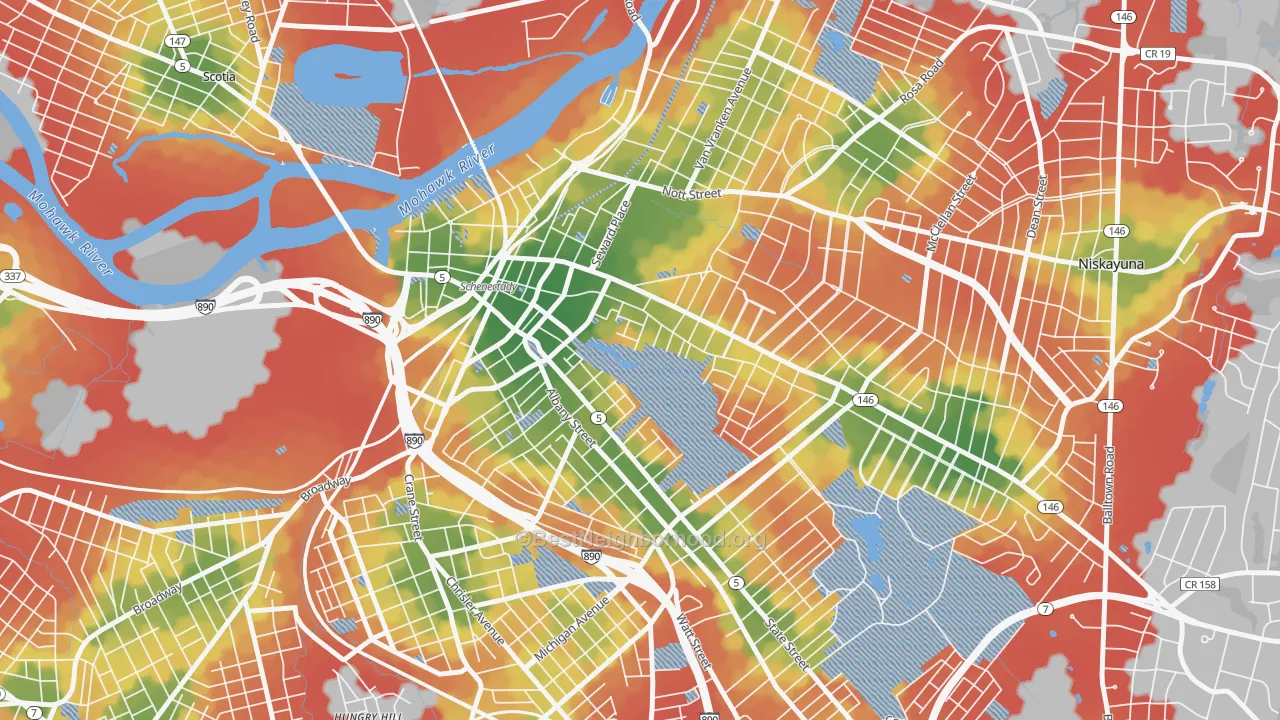 Walk Grade map of Vale and Eastern Avenue, Schenectady, NY, walkable areas in green and car-dependent areas in red