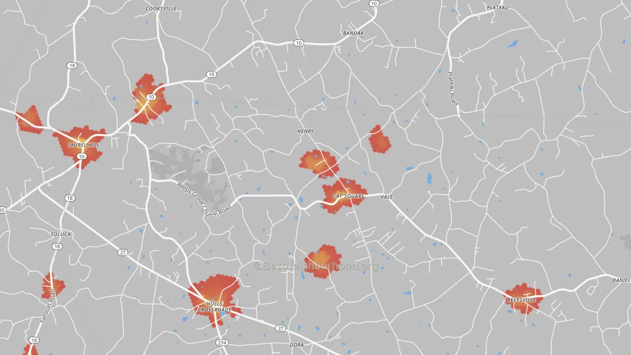 Walk Grade map of Vale, NC, walkable areas in green and car-dependent areas in red