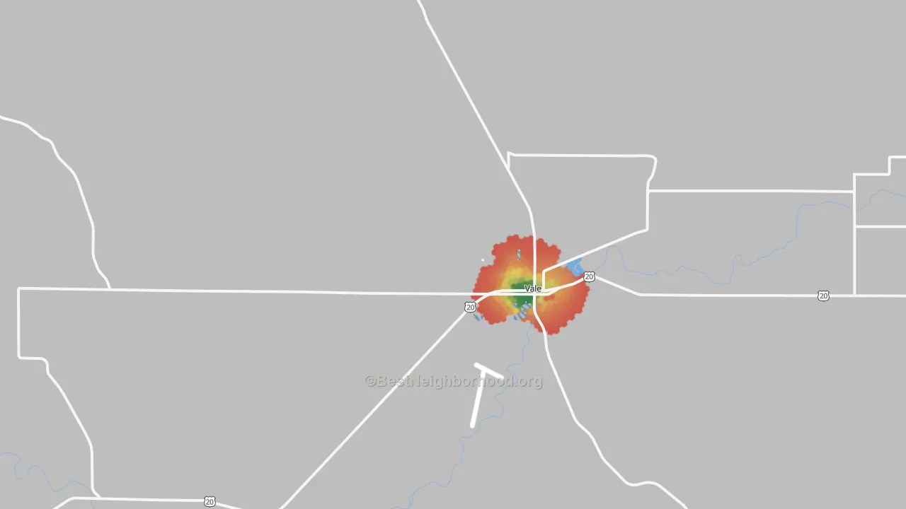 Walk Grade map of Vale, OR, walkable areas in green and car-dependent areas in red