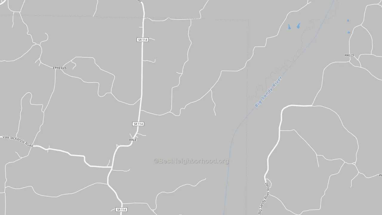 Walk Grade map of Vale, TN, walkable areas in green and car-dependent areas in red