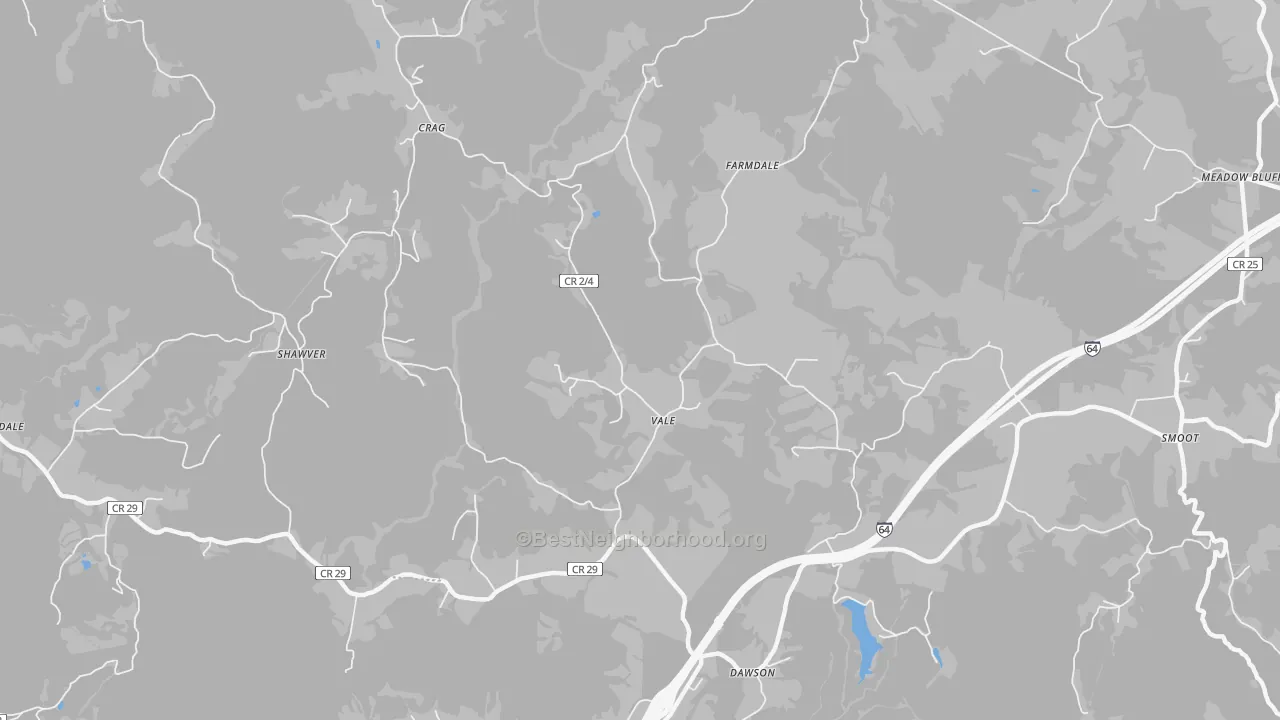 Walk Grade map of Vale, WV, walkable areas in green and car-dependent areas in red