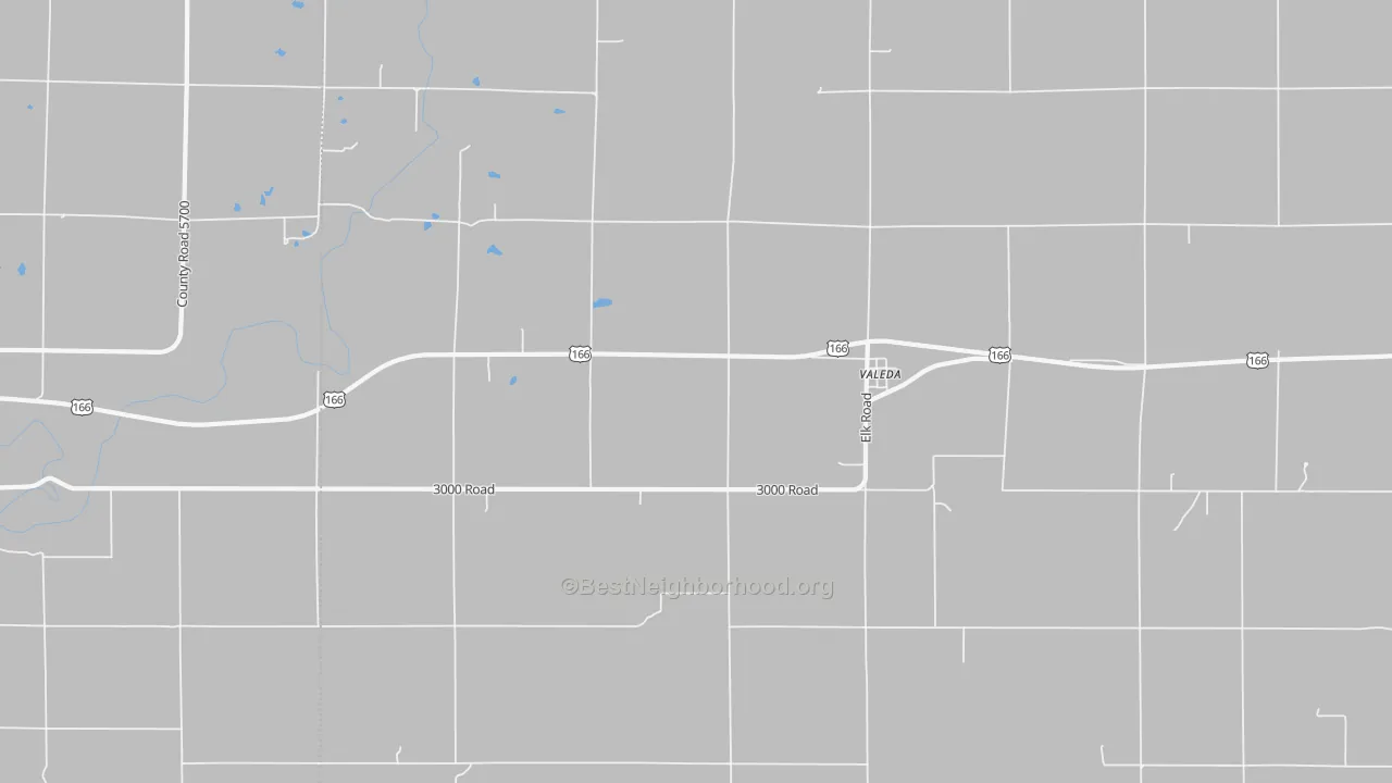 Walk Grade map of Valeda, KS, walkable areas in green and car-dependent areas in red