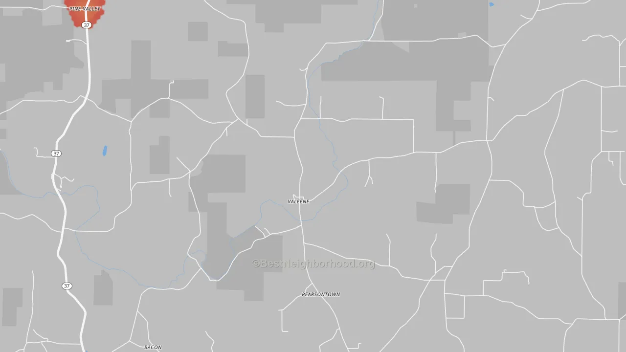 Walk Grade map of Valeene, IN, walkable areas in green and car-dependent areas in red