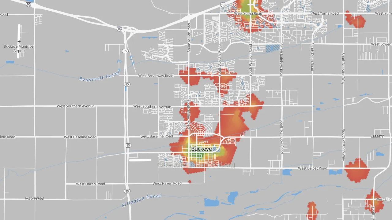 Walk Grade map of Valencia, Buckeye, AZ, walkable areas in green and car-dependent areas in red