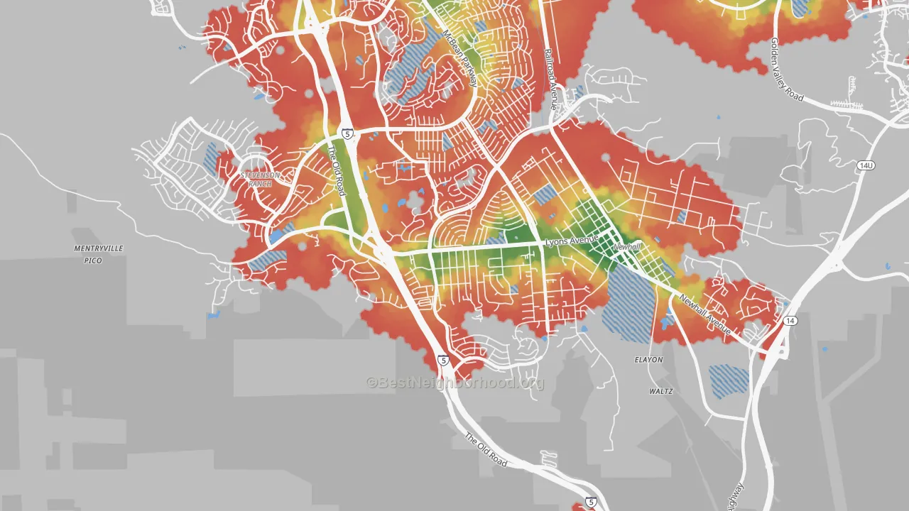 Walk Grade map of Valencia, Newhall, CA, walkable areas in green and car-dependent areas in red
