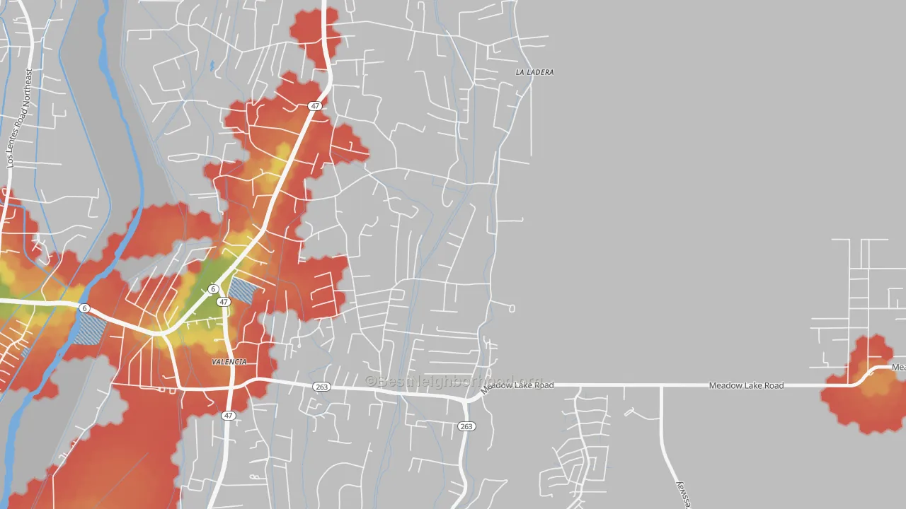 Walk Grade map of Valencia, NM, walkable areas in green and car-dependent areas in red