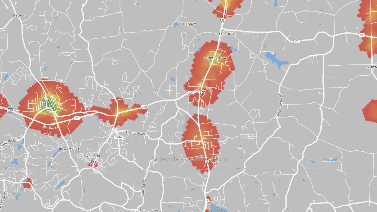 Walk Grade map of Valencia, PA, walkable areas in green and car-dependent areas in red
