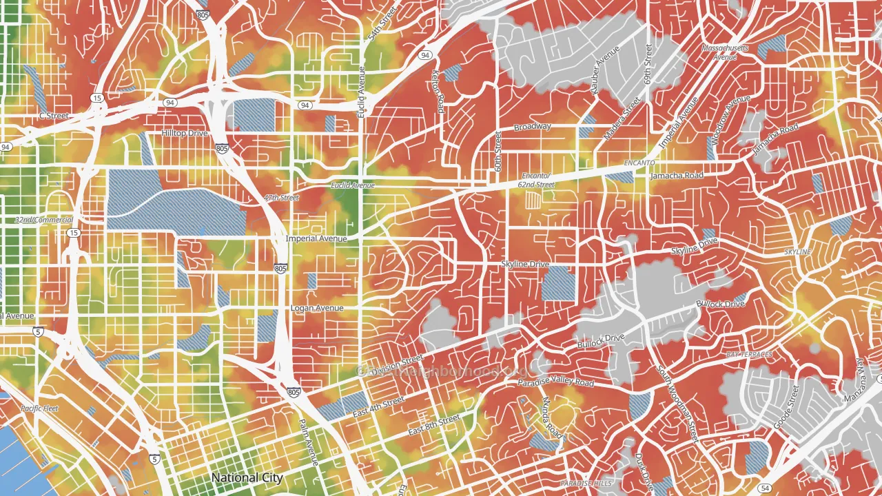 Walk Grade map of Valencia Park, San Diego, CA, walkable areas in green and car-dependent areas in red
