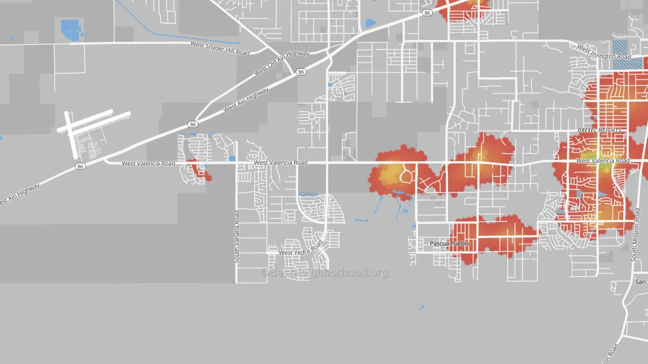 Walk Grade map of Valencia West, AZ, walkable areas in green and car-dependent areas in red