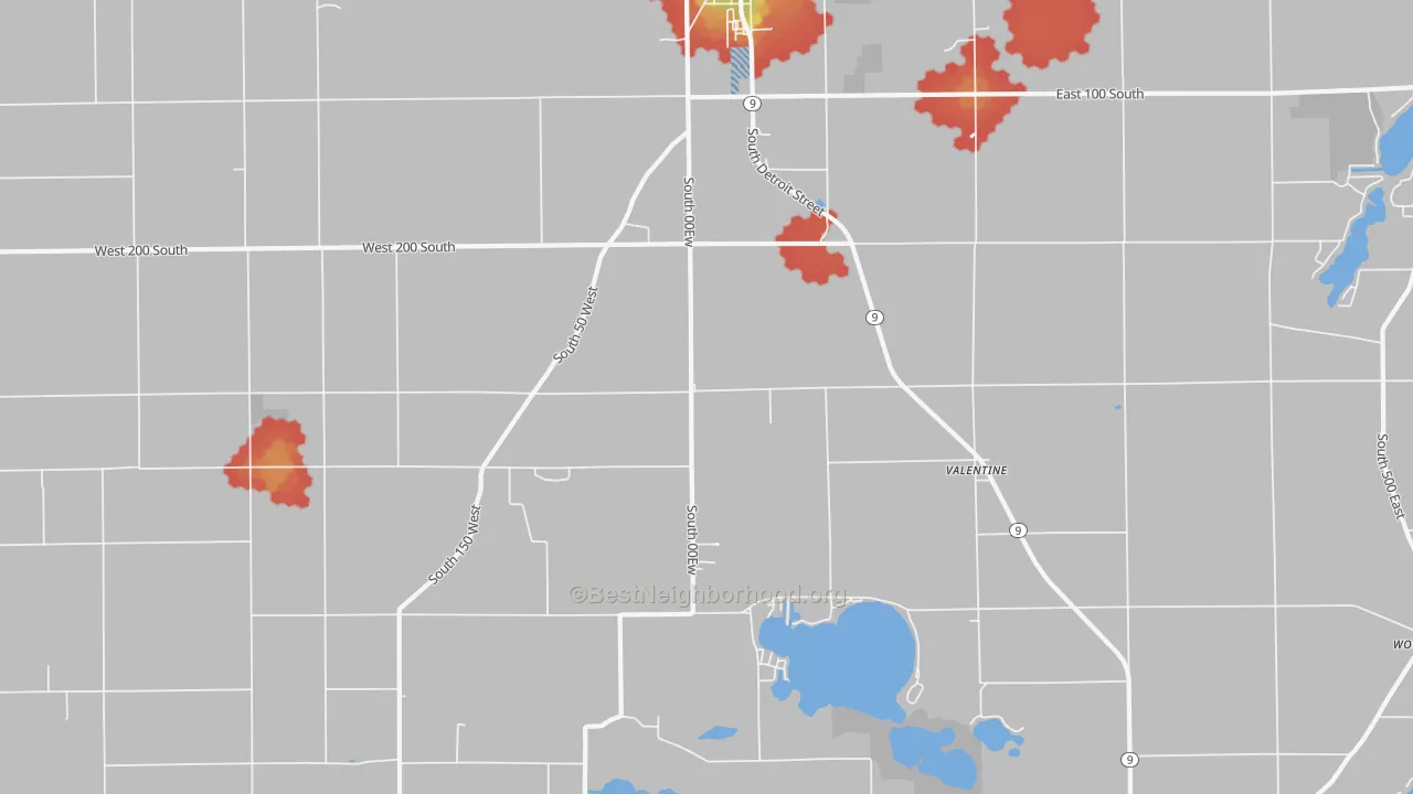 Walk Grade map of Valentine, IN, walkable areas in green and car-dependent areas in red