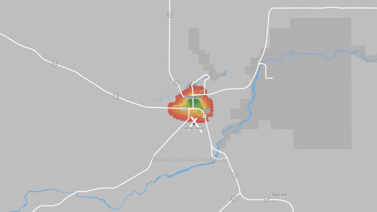 Walk Grade map of Valentine, NE, walkable areas in green and car-dependent areas in red