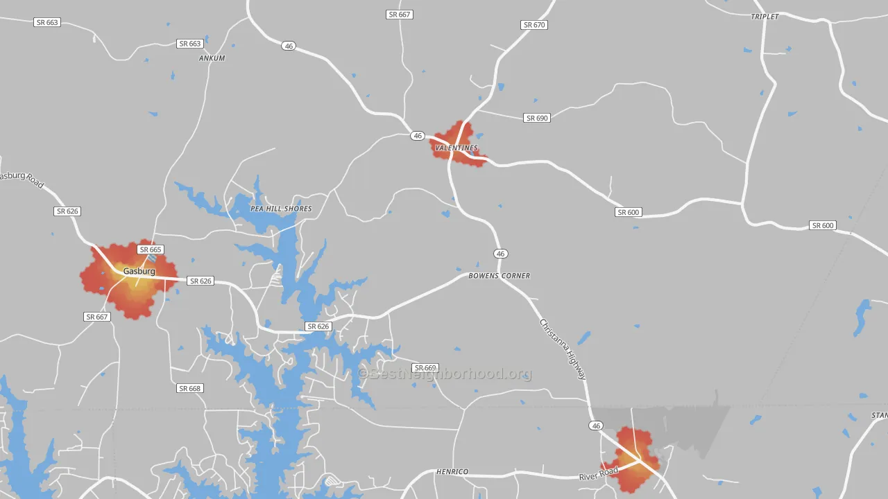 Walk Grade map of Valentines, VA, walkable areas in green and car-dependent areas in red