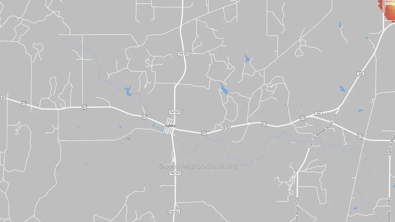 Walk Grade map of Valera, TX, walkable areas in green and car-dependent areas in red