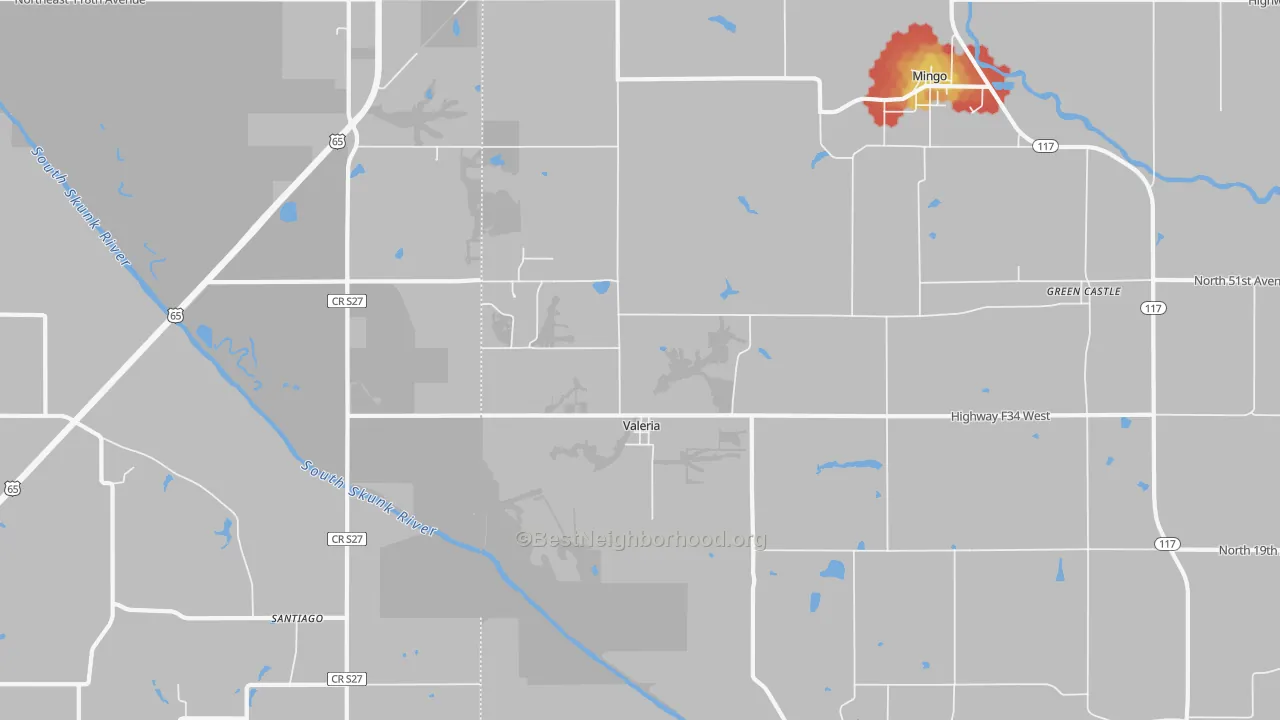 Walk Grade map of Valeria, IA, walkable areas in green and car-dependent areas in red
