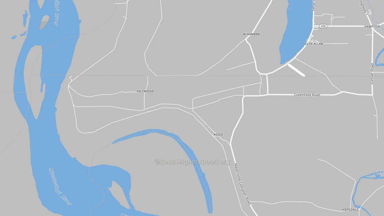 Walk Grade map of Valewood, MS, walkable areas in green and car-dependent areas in red