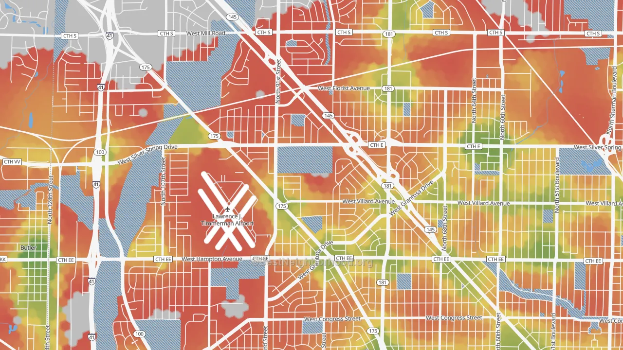 Walk Grade map of Valhalla, Milwaukee, WI, walkable areas in green and car-dependent areas in red