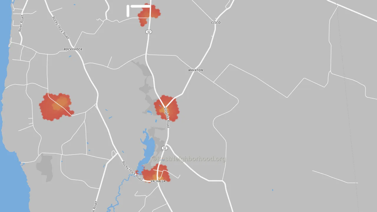 Walk Grade map of Valhalla, NC, walkable areas in green and car-dependent areas in red