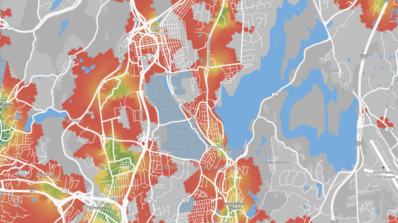 Walk Grade map of Valhalla, NY, walkable areas in green and car-dependent areas in red