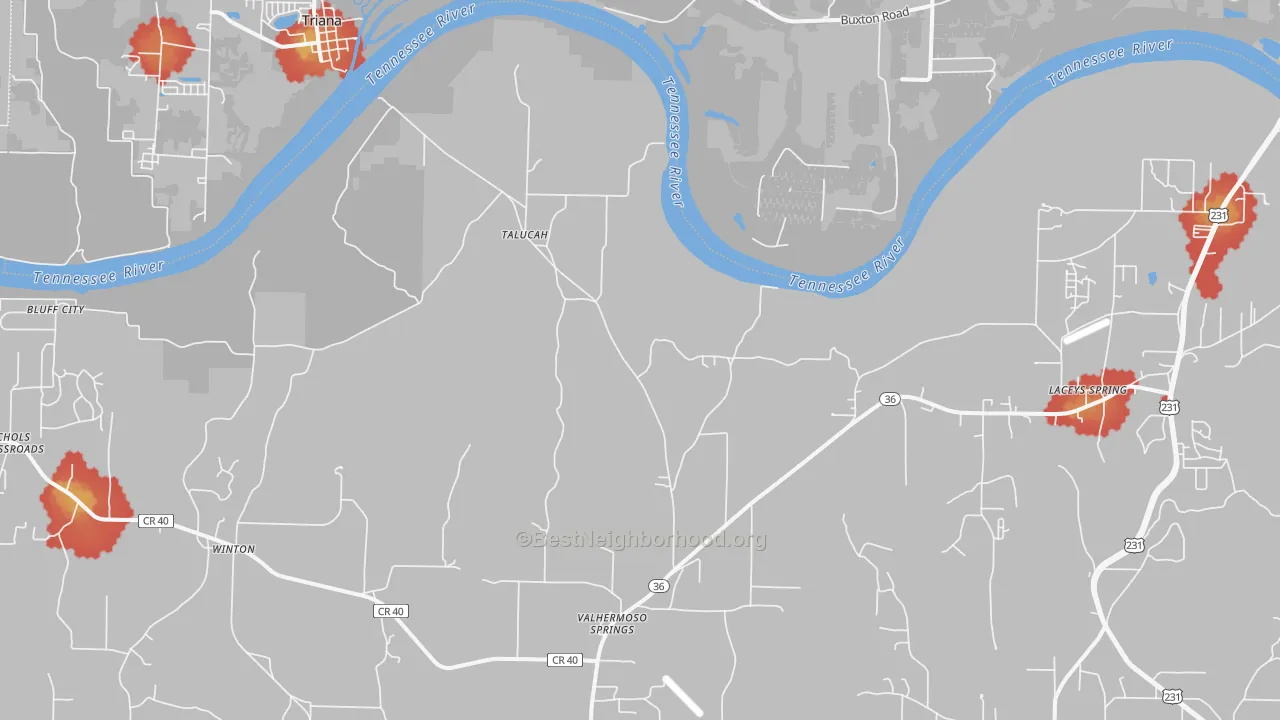 Walk Grade map of Valhermoso Springs, AL, walkable areas in green and car-dependent areas in red