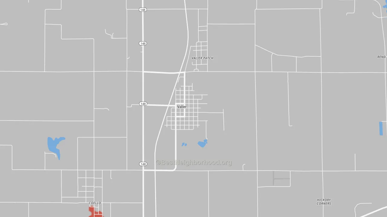 Walk Grade map of Valier, IL, walkable areas in green and car-dependent areas in red