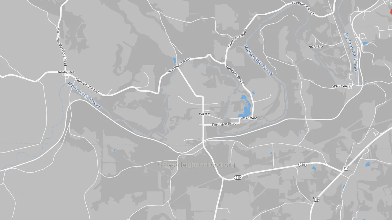 Walk Grade map of Valier, PA, walkable areas in green and car-dependent areas in red