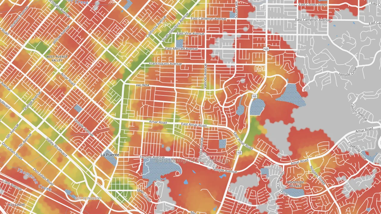 Walk Grade map of Valinda, CA, walkable areas in green and car-dependent areas in red