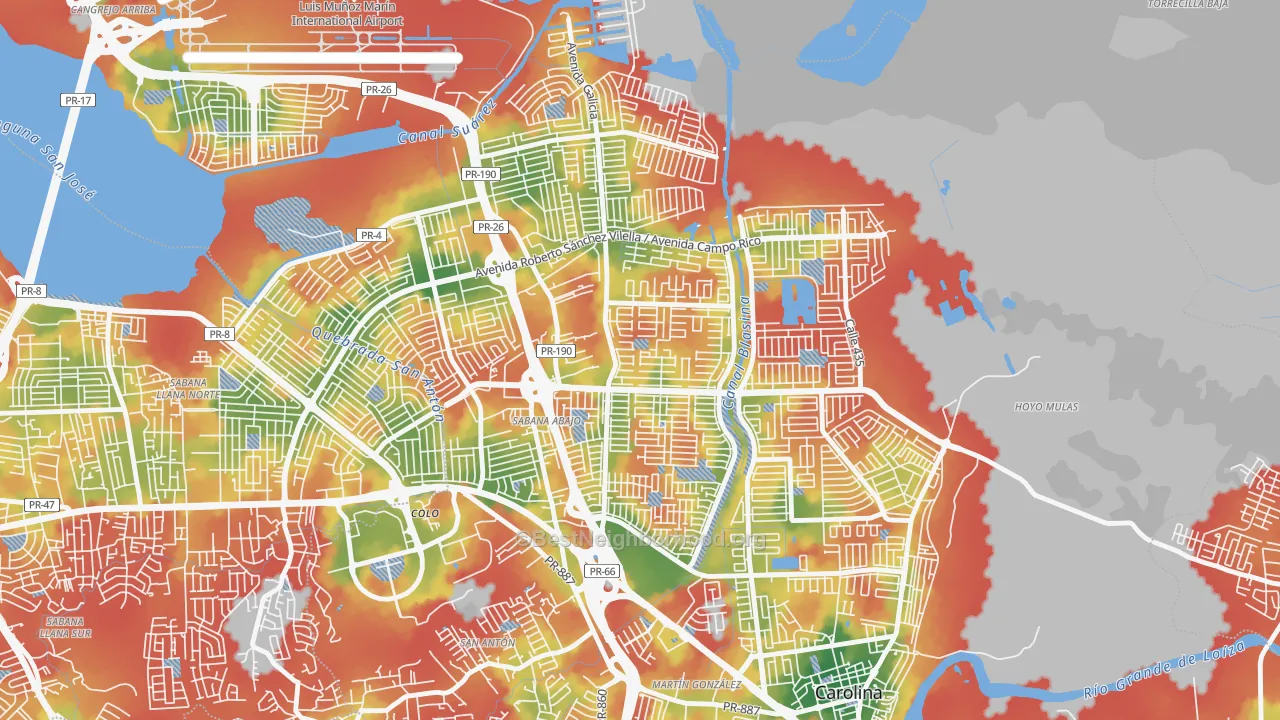 Walk Grade map of Valle Arriba Hts, Carolina, PR, walkable areas in green and car-dependent areas in red