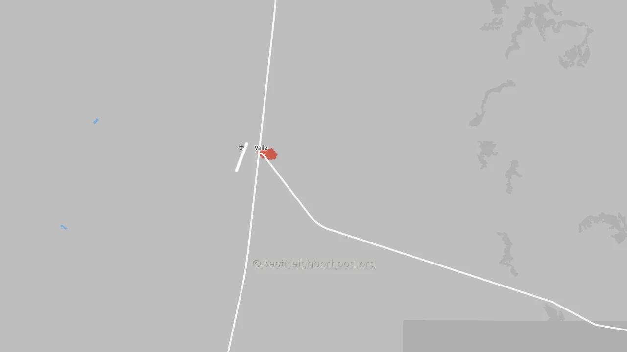 Walk Grade map of Valle, AZ, walkable areas in green and car-dependent areas in red