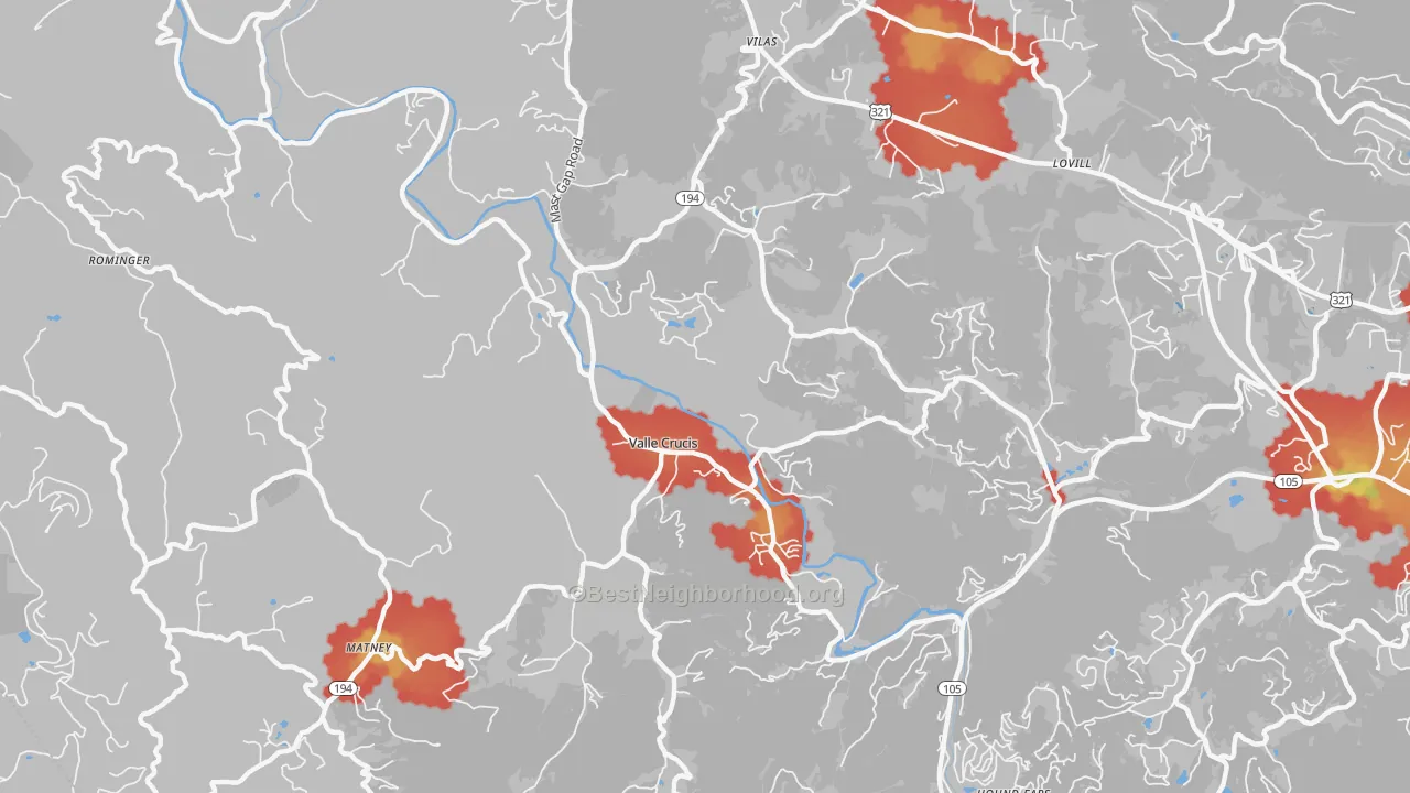 Walk Grade map of Valle Crucis, NC, walkable areas in green and car-dependent areas in red