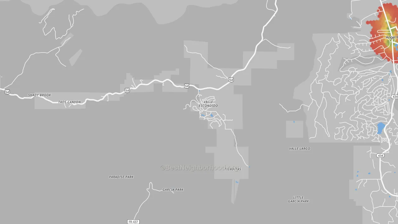 Walk Grade map of Valle Escondido, NM, walkable areas in green and car-dependent areas in red