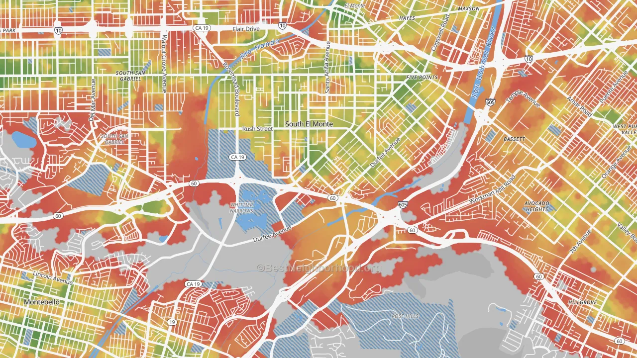 Walk Grade map of Valle Lindo, South El Monte, CA, walkable areas in green and car-dependent areas in red
