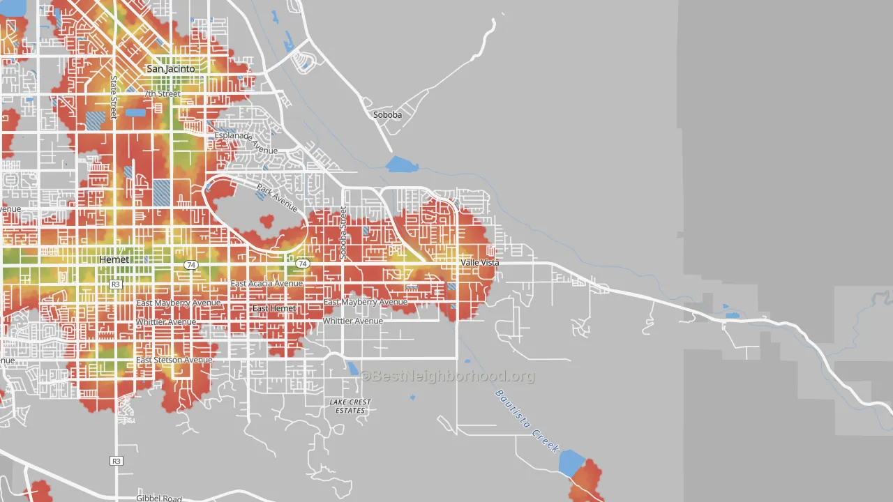 Walk Grade map of Valle Vista, CA, walkable areas in green and car-dependent areas in red