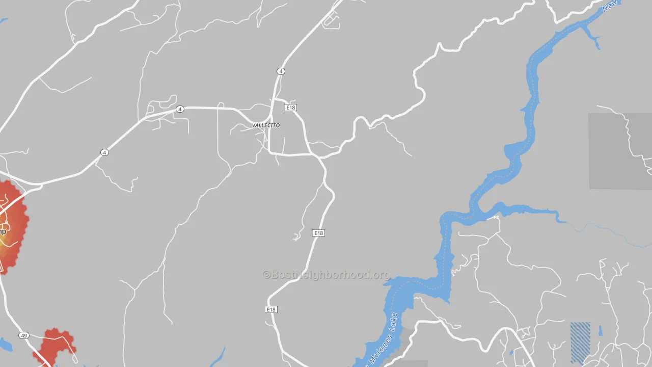Walk Grade map of Vallecito, CA, walkable areas in green and car-dependent areas in red