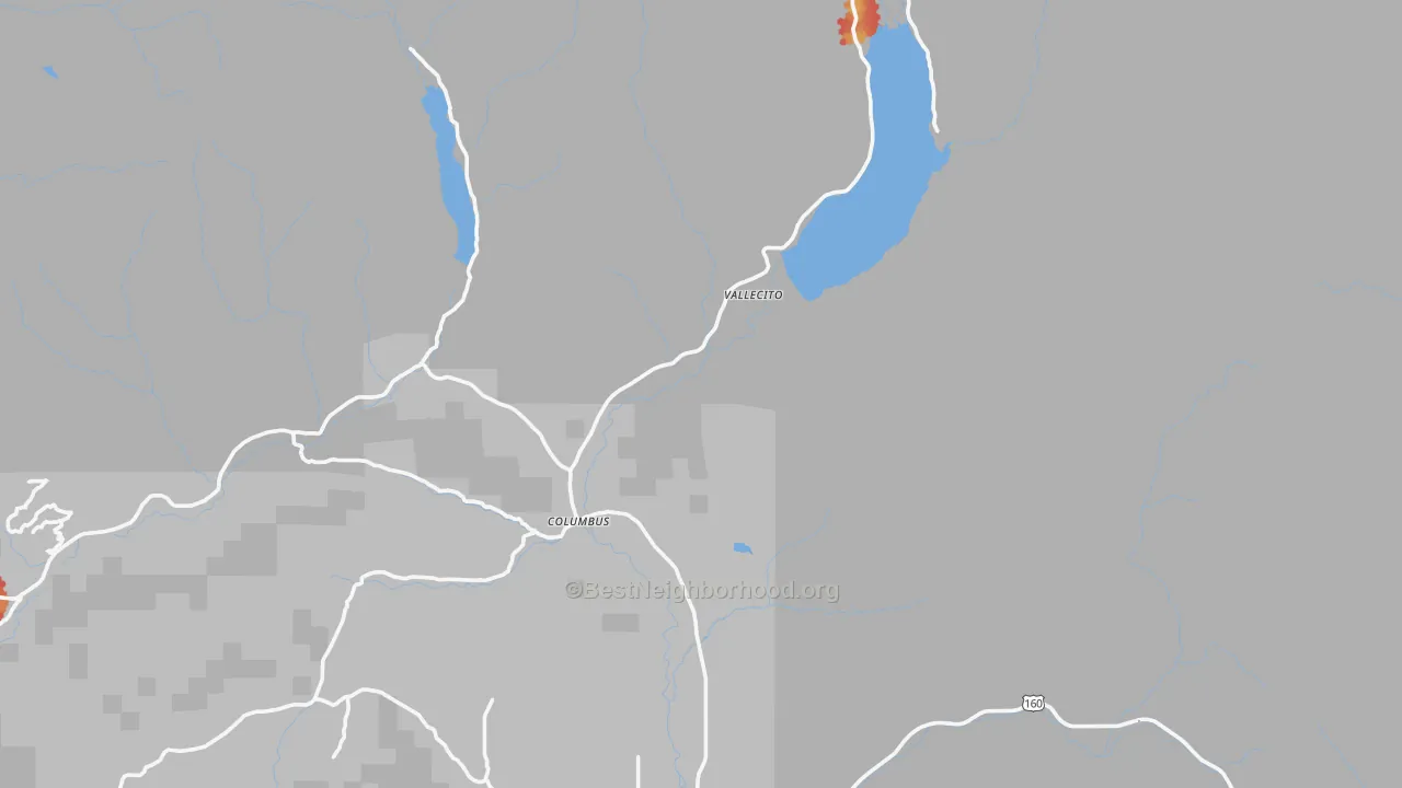 Walk Grade map of Vallecito, CO, walkable areas in green and car-dependent areas in red