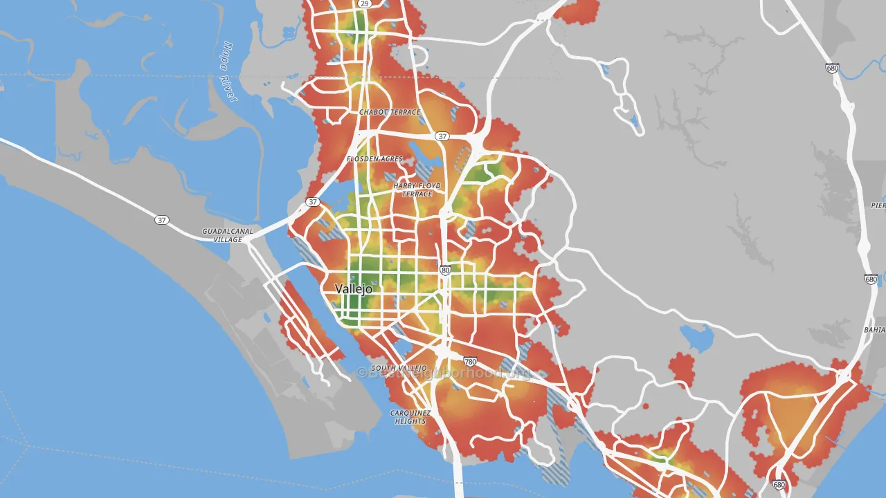 Walk Grade map of Vallejo, CA, walkable areas in green and car-dependent areas in red