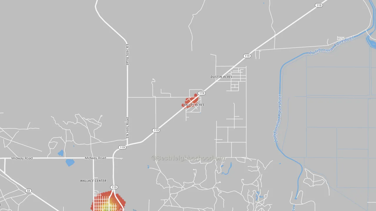 Walk Grade map of Valley Acres, CA, walkable areas in green and car-dependent areas in red