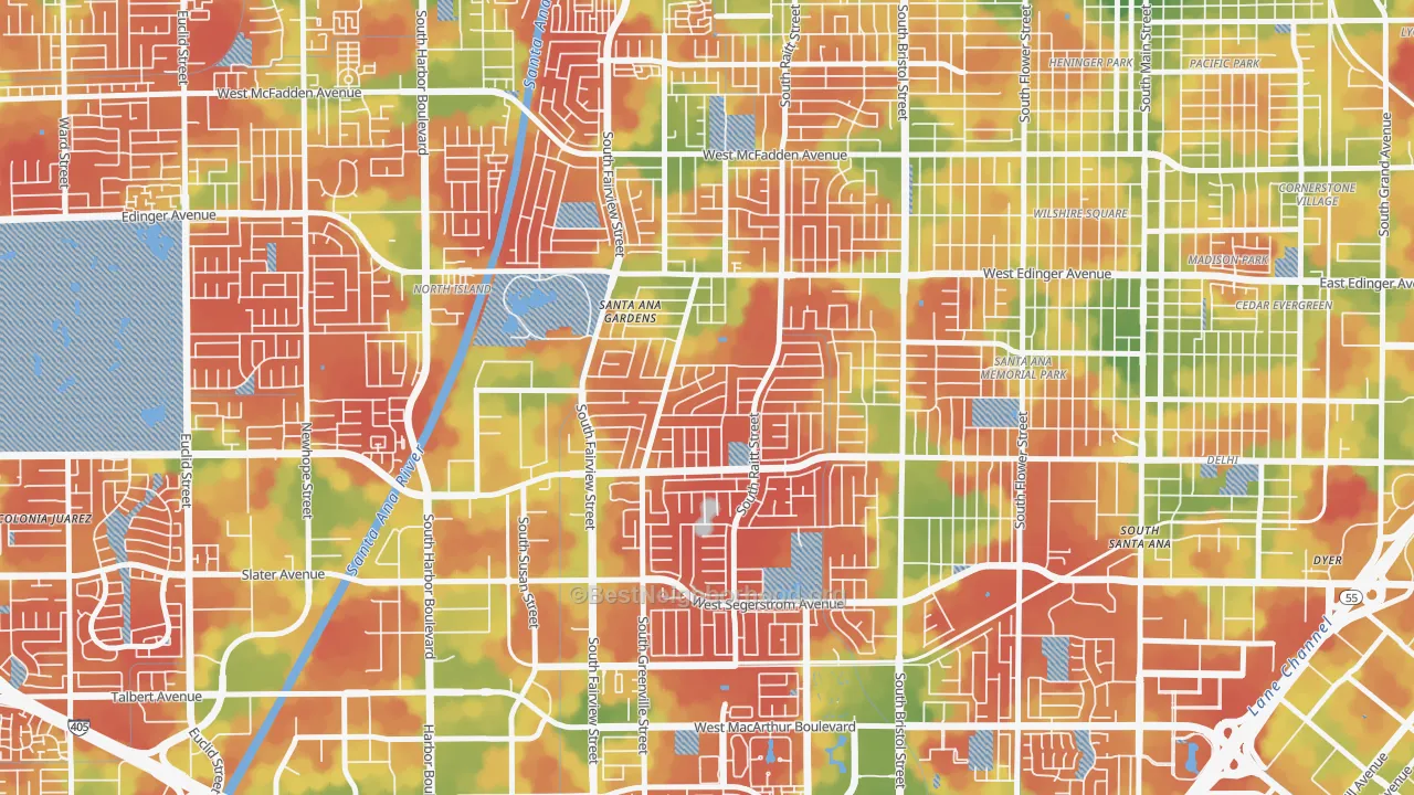 Walk Grade map of Valley Adams, Santa Ana, CA, walkable areas in green and car-dependent areas in red