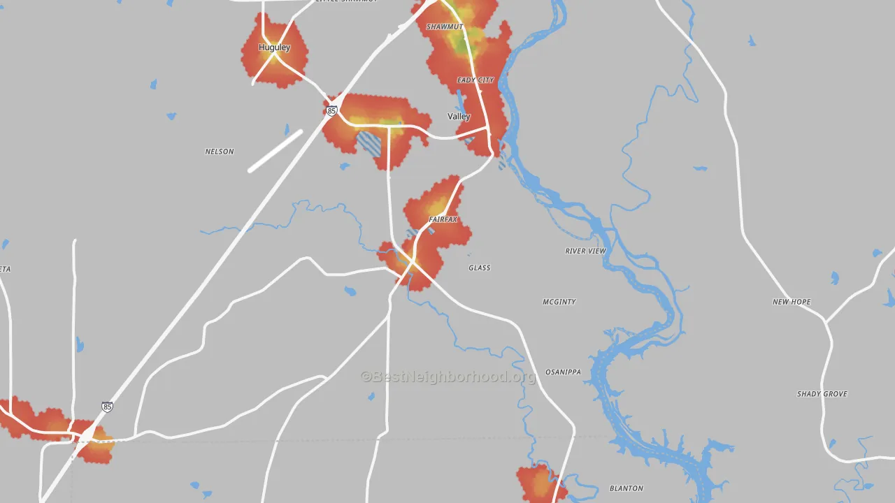 Walk Grade map of Valley, AL, walkable areas in green and car-dependent areas in red