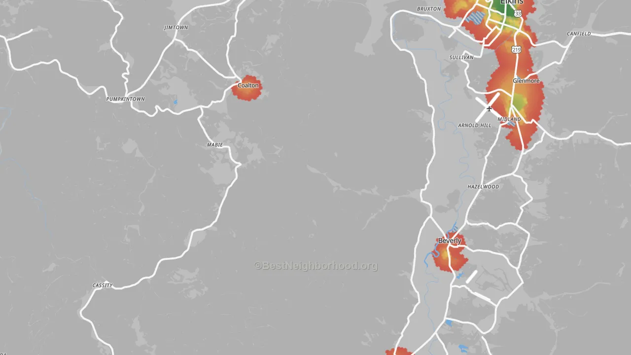 Walk Grade map of Valley Bend, WV, walkable areas in green and car-dependent areas in red